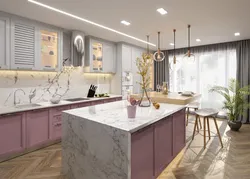 Pink gray kitchen in the interior photo