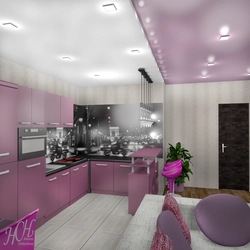 Pink gray kitchen in the interior photo