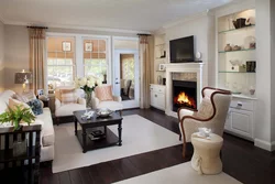 Photo kitchen living room with fireplace