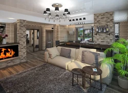 Photo kitchen living room with fireplace