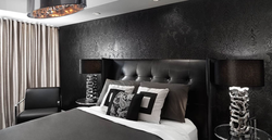 Bedroom interior with dark wallpaper