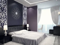 Bedroom interior with dark wallpaper