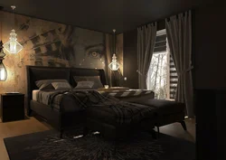 Bedroom interior with dark wallpaper