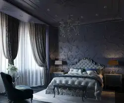 Інтэр'ер спальні з цёмнымі шпалерамі