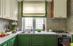 Olive curtains in the kitchen interior
