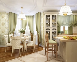 Olive curtains in the kitchen interior