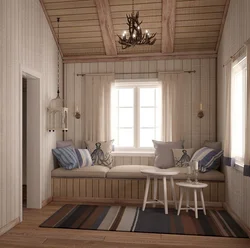 Тарҳи ҳуҷраи зиндагӣ дар як хона бо clapboard