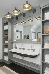 Photograph shelves in the bathroom