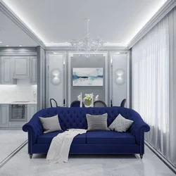 Gray blue interior kitchen living room