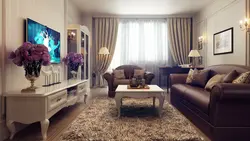 Інтэр'ер гасцінай з цёмнай мэбляй у класічным стылі
