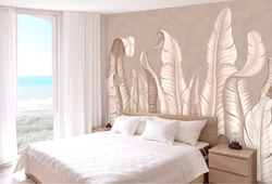 Bedroom interior with photo wallpaper feathers