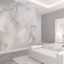 Bedroom interior with photo wallpaper feathers