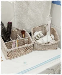 Wicker baskets in the bathroom interior