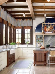 Curtains in the kitchen in a wooden house photo