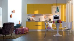 Yellow wallpaper in the kitchen in the interior photo