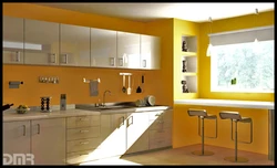 Yellow wallpaper in the kitchen in the interior photo