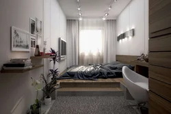 Podium bed in the bedroom interior