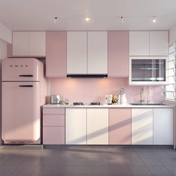 Combination of gray and pink colors in the kitchen interior