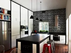 Kitchen interior with dark wallpaper