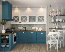 Gray blue kitchen with white photo