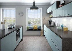 Gray blue kitchen with white photo
