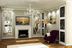 Mirror above the fireplace in the living room interior photo
