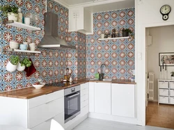 Kitchens with wallpaper and apron photo