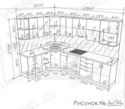 Fotosurat o'lchamlari bilan burchakli lavabo bilan oshxona loyihasi