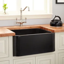 Photo of a kitchen with a white countertop and a black sink