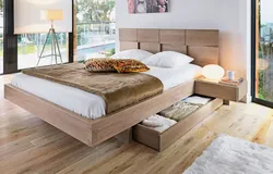 Floating bed in the bedroom interior