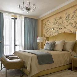 Combination of colors in the interior curtains and wallpaper in the bedroom