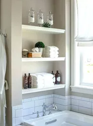 Design of shelves in the bathroom made of tiles photo