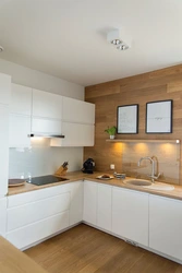 Kitchen design with wooden splashback