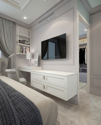 Bedroom design with chest of drawers and mirror