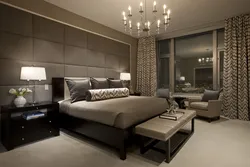 Bedroom Interior With Gray Wallpaper And Brown Furniture