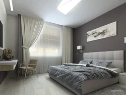 Boz divar kağızı və qəhvəyi mebel ilə yataq otağı daxili