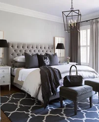 Bedroom Interior With Gray Wallpaper And Brown Furniture