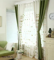 Curtains of two colors in the bedroom interior