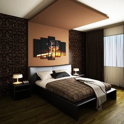 Interior of a light bedroom with dark wallpaper