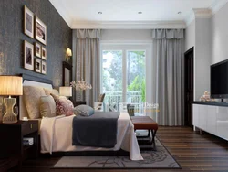 Interior of a light bedroom with dark wallpaper