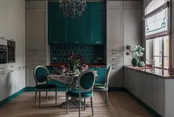 Kitchen interior design in emerald color