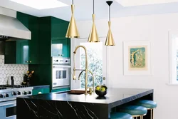 Kitchen interior design in emerald color