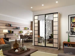 Wardrobe design in living room with mirror