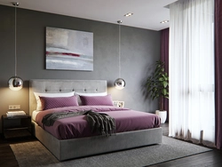 Bedroom design with gray bed and gray curtains