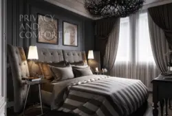Curtains in the bedroom interior gray and brown