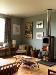 Potbelly stove in the kitchen interior