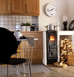 Potbelly stove in the kitchen interior