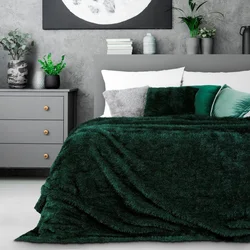 Green bedspread in the bedroom interior