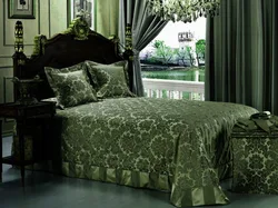 Green bedspread in the bedroom interior