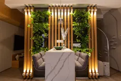 Wooden partitions in the living room interior